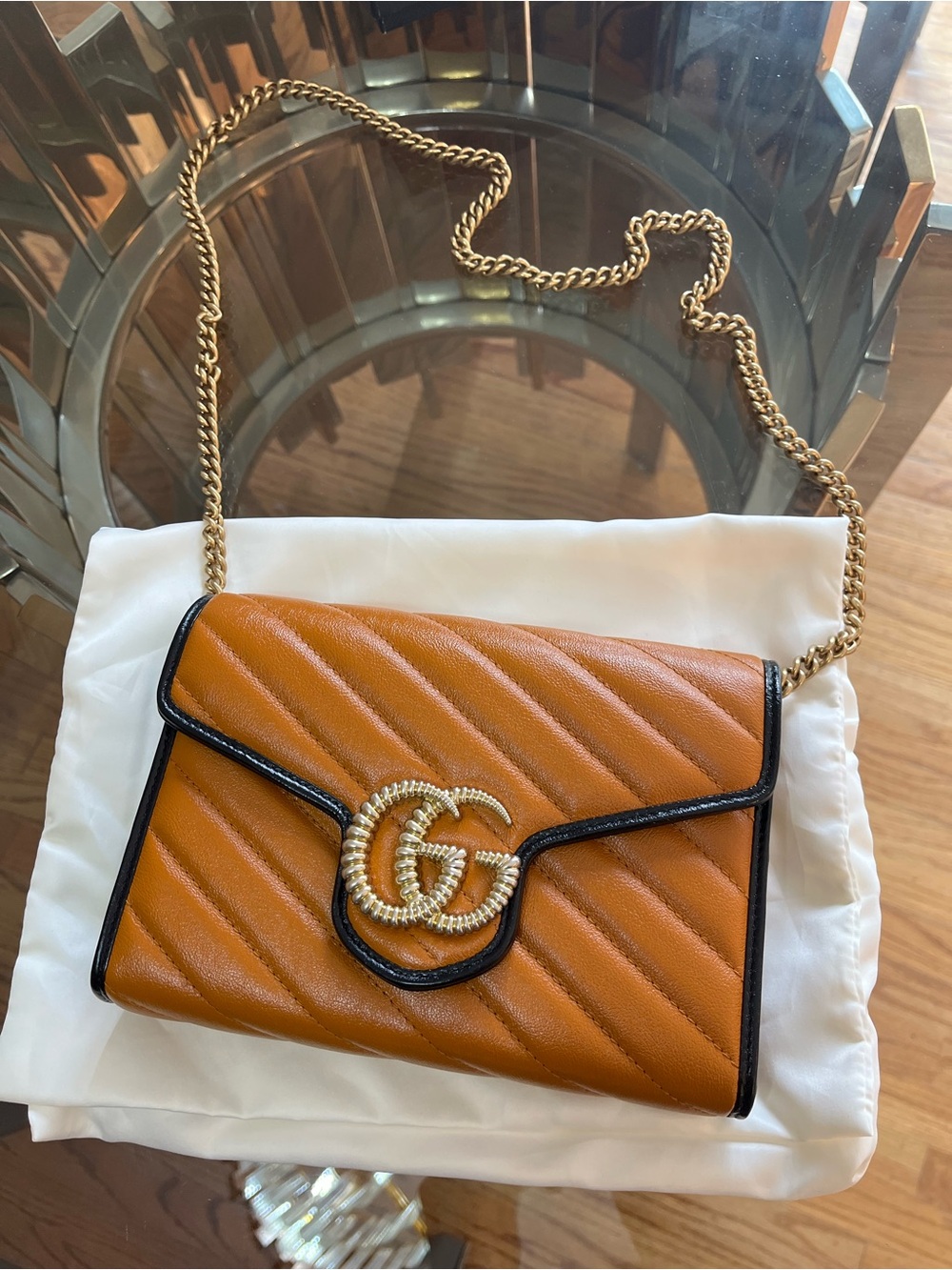 Gucci Small Quilted Crossbody Wallet in Tan with Black Trim